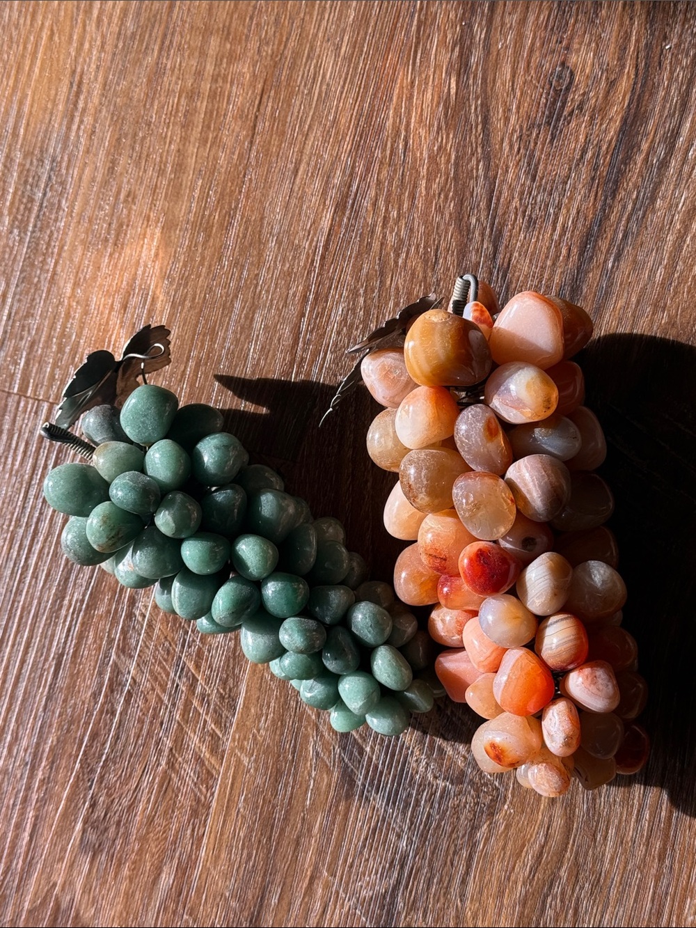 Vintage MCM Agate Polished Stones Grape Cluster With Metal‎ Leaf, set of 2